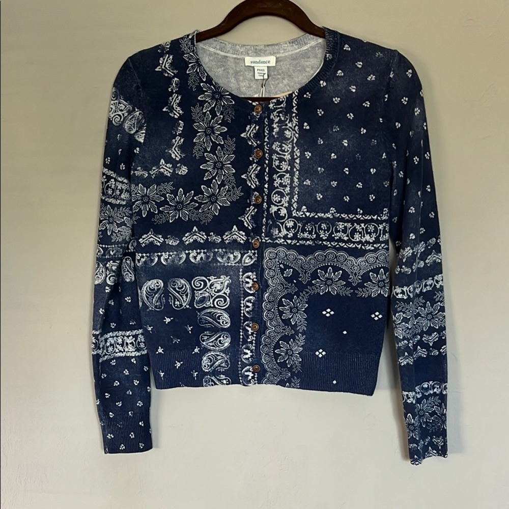Sundance Clarette Cardigan NWT Blue/white bandana print long sleeve button